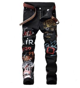 Jeans masculin jeans jeans mode imprimé hommes graffiti strtwear harajuku hip hop pantalon denim noir blanc élastique mince pantalon mâle
