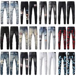 Jeans pour hommes Jeans pour hommes pour les gars Rip Slim Fit Skinny Man Pantalon Rouge Star Patches Portant Biker Denim Stretch Cult Stretch Moto Tendance Longue Droite Hip Hop Avec Trou