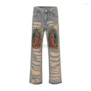 Jeans pour hommes Jeans pour hommes High Street Mode Contraste Patch Broderie Endommagé Hommes Droit Lâche Pantalon Denim Occasionnel 240308