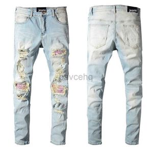 Jeans pour hommes Jeans pour hommes High Street Hipster Couleur claire Patchwork Pantalon mendiant Slim 240308