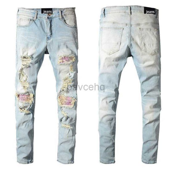 Jeans para hombres Jeans para hombres High Street Hipster Pantalones de mendigo de patchwork de color claro Slim 240308