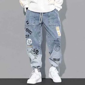 Jeans masculin jeans jeans Hip-hop harem pantalons masculins pantalon lâche imprimés amusants cordonnages jogging occasionnel plus taille s-5xl q240427