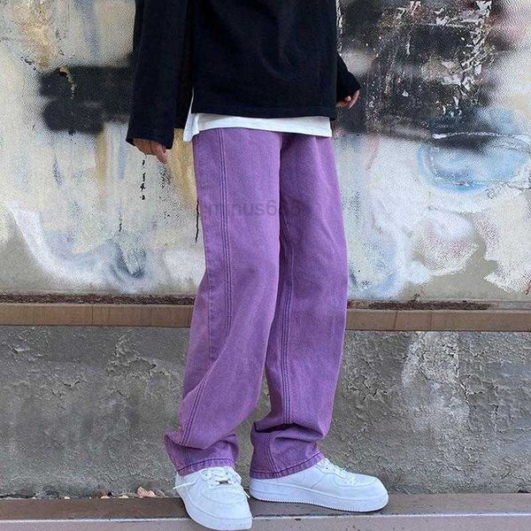 Jeans masculin jeans jeans japonais hommes mode violet vert lâche droite vintage streetwear skateboard danse denim cargo baggy pantmens56mo