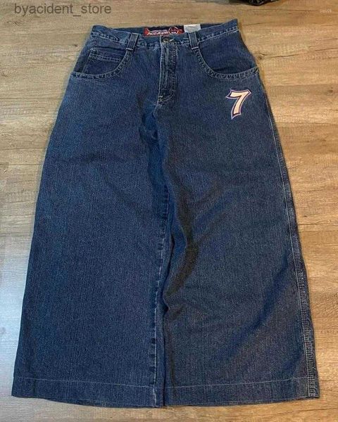 Jeans para hombres Jeans para hombre Jnco Y2k Mens Hip Hop Tamaño 7 Dados Gráfico Bordado Retro Azul Baggy Cintura alta Pantalones de pierna ancha Streetwear L240313