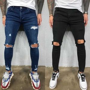 Jeans masculin jeans jeans trous de genou déchirure extensible pantalon denim serré couleur couleur noire bleu automne été de style hip-hop ultra-mince pantalon s-4xl q240509