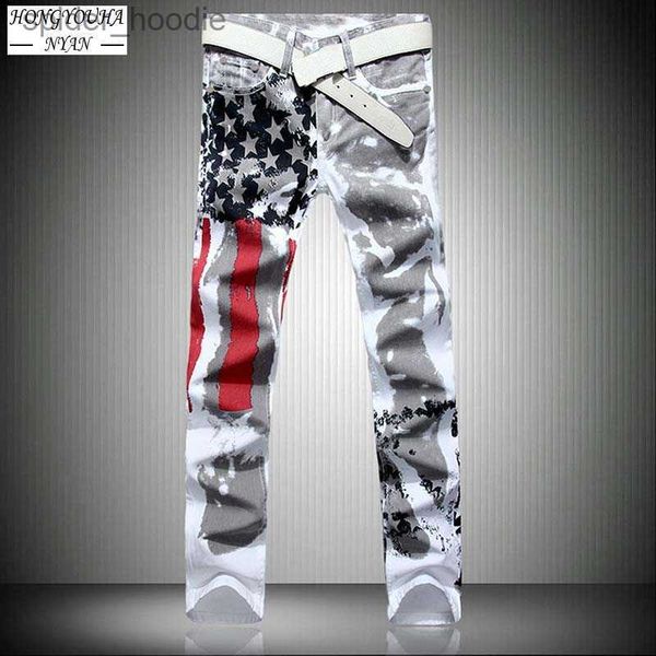 Jeans pour hommes Jeans pour hommes mâle drapeau américain imprimé Streetwear pantalons décontractés mode Harajuku haute élastique slim hip hop pantalon en denim droit L230921