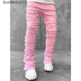 Jeans pour hommes Jeans pour hommes Jeans skinny pour hommes Frange Hip-hop R Edge Patch élastique Punk Rock Long Coupe ajustée Jeans empilés Pantalon en jean Bleu Rose StreetwearL231011 L240313