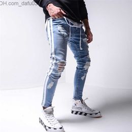 Jeans pour hommes Jeans pour hommes Jeans pour hommes Jeans déchirés pour hommes Pantalons Crayon Biker Jeans à rayures latérales Trou détruit Hip Hop Slim Fit Homme Stretchy Jean Print 220928 Z230801