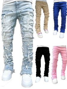 Jeans masculins en jean pour hommes en ajustement régulier empilé patch en détresse détruite pantalon en jean droit de streetwear vêtements décontractés jean