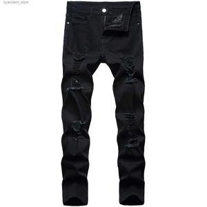 Jeans pour hommes Jeans rétro noir pantalon Stretch trou déchiré Slim Fit haute qualité mode décontracté Denim pantalon L240313