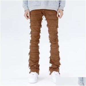 Jeans pour hommes Jeans pour hommes Pantalon évasé de travail rétro Grunge Wild Stacked Ripped Pantalon long droit Y2K Baggy lavé délavé pour hommes Drop Dhmdo