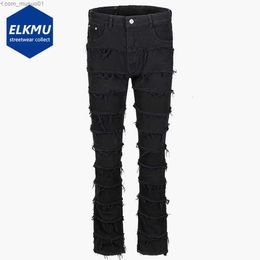 Heren jeans heren jeans ronde noodlijdende tassel hoi straatmode zwart slanke y2k hip hip hop streetwear denim broek 230518L2402