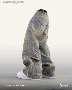 Jeans voor heren Heren Jeans Streetwear Reaven Heren Y2k Hip Hop Verontruste Retro Blauw Baggy Harajuku Gothic Hoge Taille Wijde Pijpen Broek L240313