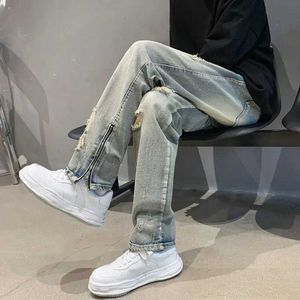 Heren jeans herenjeans met ritssluiting rechte kpop heren ultradunne puncties hoogwaardige scheurende Koreaanse mode-broek Q240427