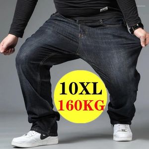 Heren jeans heren groot formaat zwarte elastische band 10xl hoge taille losse broek man plus dikke blauwe mannelijke denim broeker