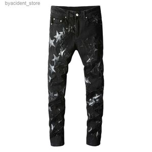 Jeans pour hommes Hommes en cuir étoiles Patch Jeans noir Stretch Denim crayon pantalon Slim Skinny Patchwork pantalon L240313
