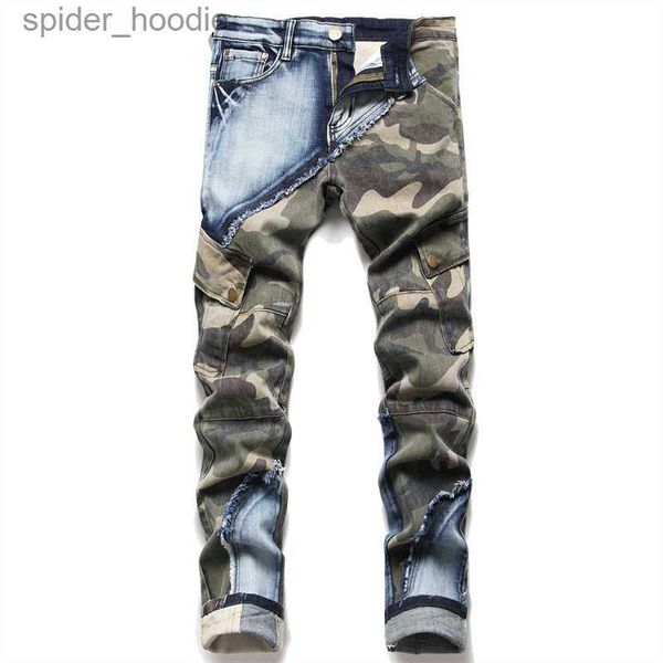 Jeans pour hommes Jeans de camouflage extensibles de luxe légers pour hommes Patchs de couleur Décors de poche Jeans slim Jeans décontractés élégants Jeunes sexy Must; L230921