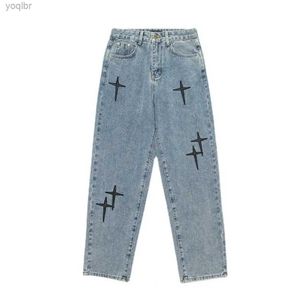 Heren jeans heren losse broek heren jeans retro borduurwerk wijd been heren jeans modieuze straatkleding zachte en ademende stof hiphop sfeer244