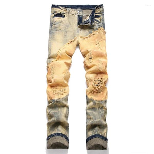 Jeans para hombres Hombres Hombres Desierto Camuflaje Denim Agujeros Ripped Distressed Stretch Pantalones Patchwork Empalmado Pantalones rectos
