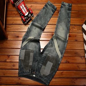 Jeans masculin en jean pour hommes jeans couture patch patch fashion street rétro haut de gamme pantalon skinny slim fit q240509