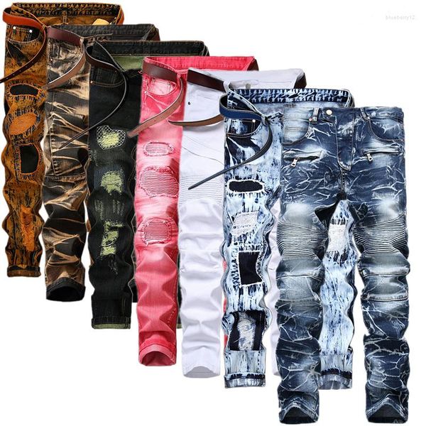 Pantalones vaqueros para hombre, pantalones vaqueros decorativos con agujeros plisados para motocicleta para hombre, pantalones informales azules, blancos, rojos, verdes y amarillos para hombre