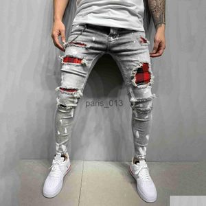 Jeans masculin Mens New Denim Straight Pocket Stitching Plaid pantalon mort Pantal