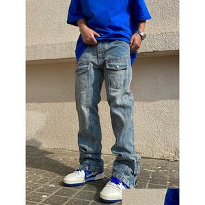 Jeans masculins pour hommes Nouveaux poètes à la mode pantalons de cargaison denim Streetwear Skateboard créateur de mode épissé Slit fl Leng Baggy Men Drop Dhsg5