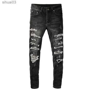 Jeans masculins pour hommes ouverts Bandage avant jeans jeans Street Vêtements Paisley Patches plissées imprimées Pantalons de vélo serrés