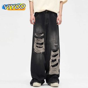 Heren jeans Heren open voorkant zwarte jeans Harajuku wijde pijpen broek denim zakken Y2K cargo broek straatkleding Koean stijl gotische kledingL2403