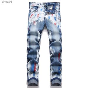Jeans masculin pour hommes peints bouton mouche jeans jeans street vêtements pantalon extensible bleu