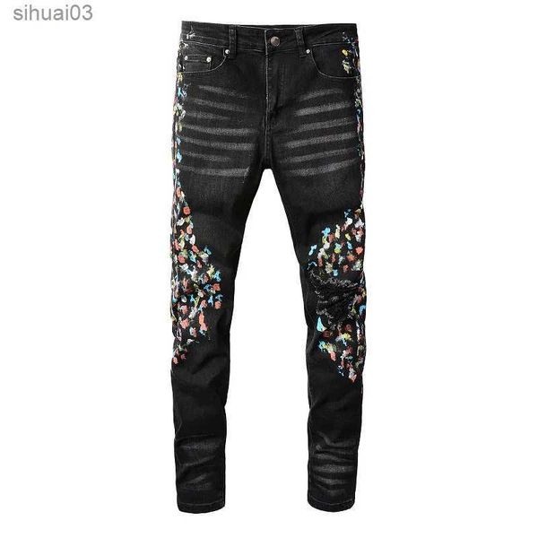 Jeans pour hommes pour hommes peints en jean élastique en jeans de ruelle pantalon crayon serré trous en détresse en détresse en détresse 2403