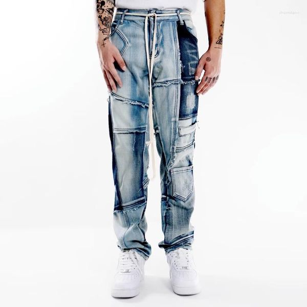 Jeans pour hommes Mens Patchwork Gradient Street Hip Hop Multi Poches Splice Denim Pantalon Lâche Droite Jogger Pantalon