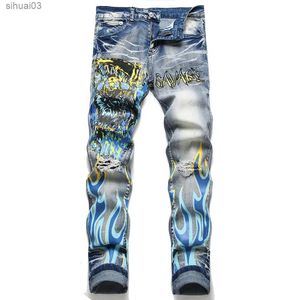Jeans masculins jeans imprimé en jean élastique imprimé avec un pantalon effilé ultra-mince extrêmement bleu extrêmement bleu avec un trousl2403 déchiré