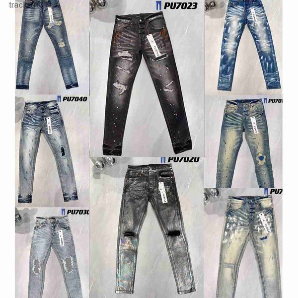 Jeans para hombres Diseñador de jeans morados para hombre PL8821587 Biker rasgado Pantalones pitillo rectos delgados Diseñador True Stack Moda Tendencia Marca Vintage Pant marca 240229