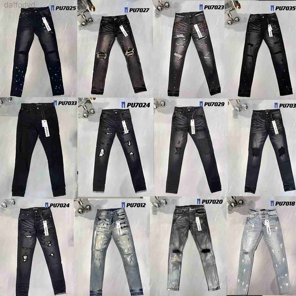 Jeans para hombres Diseñador de jeans morados para hombre Ripped Biker Slim Straight Skinny Pants Designer True Stack Moda Tendencia Marca Vintage Pant marca 240305
