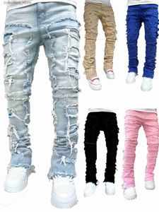 Jeans pour hommes Jeans empilés coupe régulière pour hommes déchiré coupe ajustée Patch en détresse détruit pantalon en jean droit Hip Hop Streetwear pantalon tissu L240313