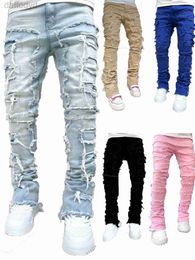 Jeans pour hommes Mens Regular Fit Stacked Patch Distressed Détruit Droit Denim Pantalon Streetwear Vêtements Casual Jean 240305