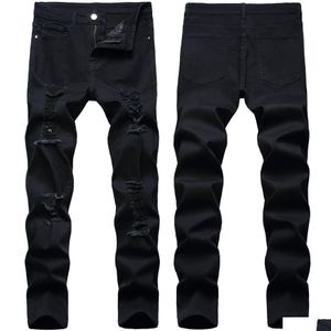 Jeans para hombres Pantalones negros retro para hombre Agujero elástico rasgado Slim Fit Moda de alta calidad Pantalones de mezclilla casuales Entrega de entrega Ropa Clot Dh5Cy