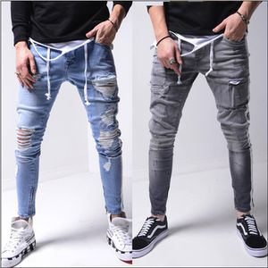 Jeans masculins pour hommes rétro bleu gris bandes latérales trous pantalon plissé high plissé pantalon hip hop denim crayon pour male207p