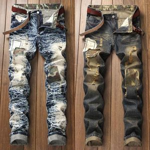 Jeans pour hommes Mens Retro Distressed Denim Pants Ripped Tie-dyed Slimming Hole Patched Casual