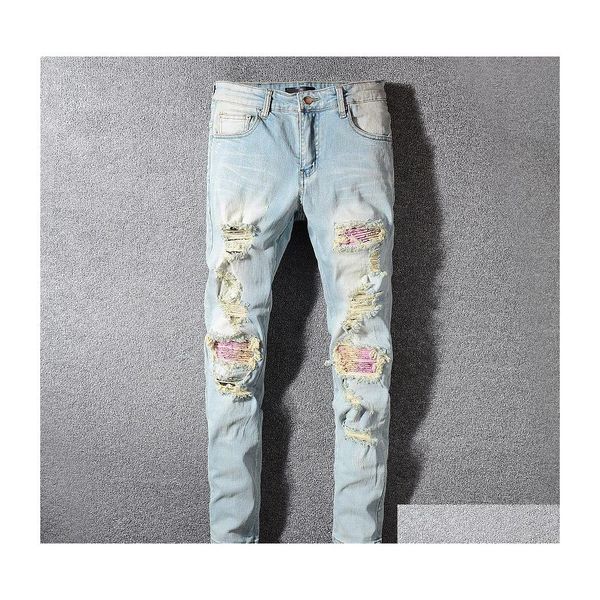 Jeans pour hommes Mens Retro Light Blue Ripped Pink Coutures Slim Pencil Drop Delivery Vêtements Vêtements Dhao7