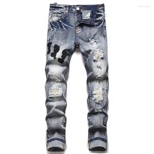 Jeans pour hommes Mens déchiré broderie lavé effiloché bleu denim pantalon élastique imprimé teint petits pieds style punk pantalon crayon