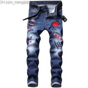 Jeans para hombre Jeans rasgados para hombre Diseñador Slim Fit Hip Hop jeans Stretch Rose Bordado Moda Hombres Negro Azul Pantalones de mezclilla Z230707