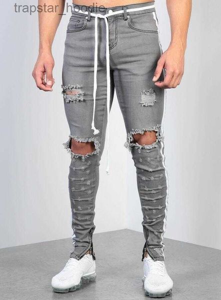 Jeans pour hommes Ruban déchiré pour hommes Jeans skinny gris Designer de mode Hi-Street Denim en détresse Joggers Trous aux genoux Lavé Pantalon Slim Fit L0023 L230918