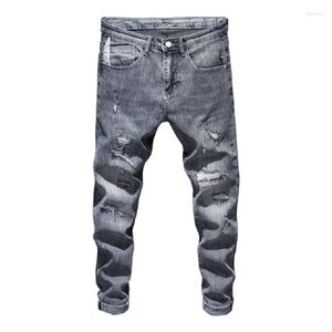 Hommes Jeans Hommes Déchiré Maigre Gris Élasticité Haute Rue Porter Léger Hip Hop Effiloché Homme Patchwork Biker Mâle Denim Pantalon