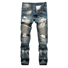 Jeans pour hommes Hommes Ripped Printemps Automne Slim Fit Strech Denim Pantalon Hommes Plissé Moto Biker Hip Hop Pantalon Homme 42 40197P