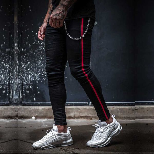 Jeans pour hommes Mens Side Stripe Skinny Fit Black Denim Jeans Hip Hop Streetwear Solid Color Plus Size Slim Fit Jeans en coton léger pour hommes T221102