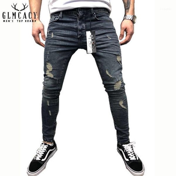 Jeans para hombres para hombre cremallera lateral punk biker rasgado azul flaco delgado denim desgastado lavado hip hop pantalones largos pantalones 1