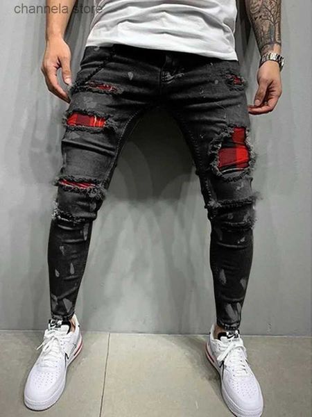 Jeans pour hommes Hommes Skinny Ripped Jeans Mode Grille Mendiant Patchs Slim Fit Stretch Casual Denim Crayon Pantalon Peinture Pantalon de Jogging Hommes T240205