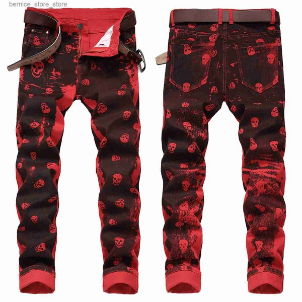 Jeans para hombre Estampados de calavera para hombre Pantalones de mezclilla elásticos Calle Moda Pintura Impresiones Jeans rojos Adelgazamiento Pantalones casuales Jeans Q231213